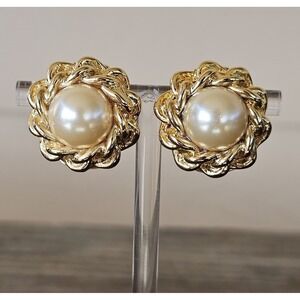 Vintage Faux Pearl Cabochon & Gold Tone Chain Clip on Earrings